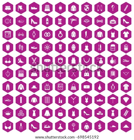 100 womens accessories icons set in violet hexagon isolated vector illustration