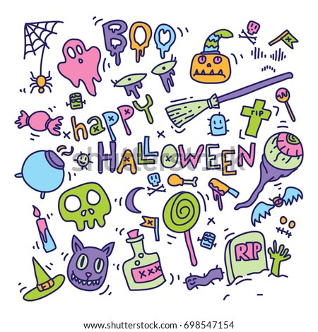 Hand Drawn Sketch of Halloween Doodles Icon Vector Illustration Background including spider, web, ghost, pumpkin, skull, eye, horror, monster, boo, cany, trick or treat, cat, rip, tombstone