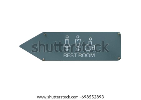 Men , women and handicapped toilet sign with an arrow showing direction on white background
