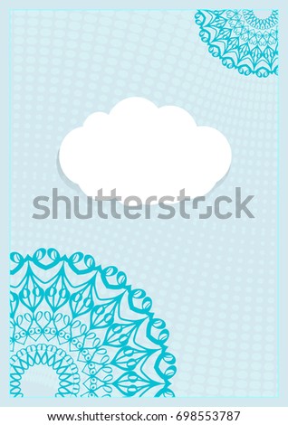 Template Invitation with a Cloud for Text, Background Lace Ornament. Vector illustration. Blue color. For Design Invitations, Postcards