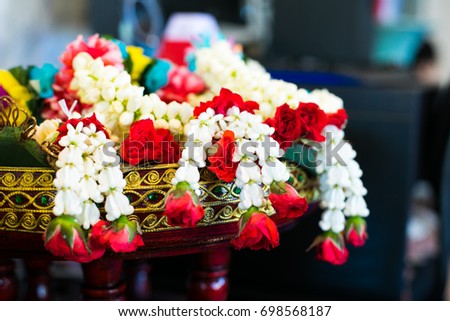 Thai flower garland on a pedestal in Wedding Ceremony Thailand