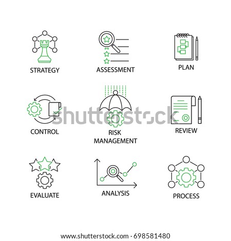 Modern Flat thin line Icon Set in Concept of Risk Management with word Strategy,Risk Management,Assessment,Plan,Control,Review,Evaluate,Analysis,Process. Editable Stroke. Royalty-Free Stock Photo #698581480