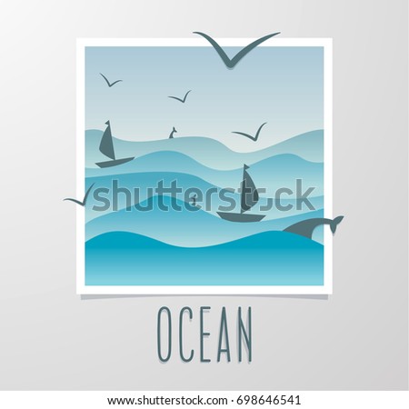 Ocean abstract overlapping illustration of waves with ships, birds and whales. Includes text Ocean.