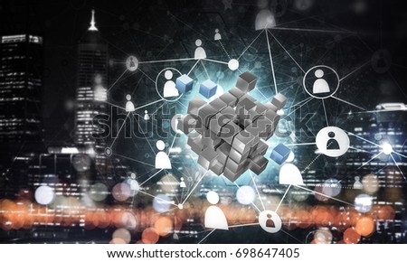 Conceptual background image with cube figure and social connection lines. Mixed media