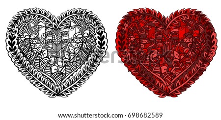 Valentines Day red heart with ethnic doodle pattern. Zentangle inspired pattern for anti stress coloring book pages for adults and kids. Black on white and colored in one