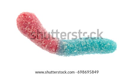 A sugar coated sour tasting red and blue gummy worm isolated on a white background.