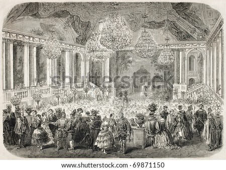 Antique illustration of masquerade ball in the Hotel d'Albe, Paris. Original, after drawing of J. Gaildrau, published on L'Illustration, Journal Universel, Paris, 1860