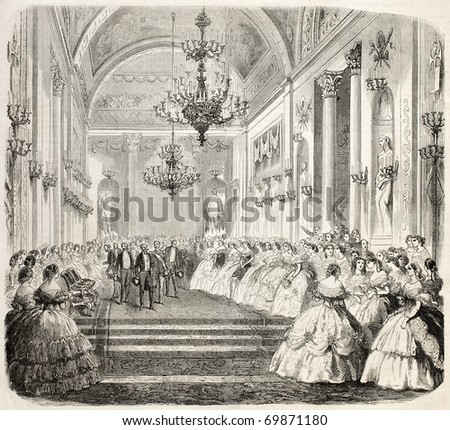 King Vittorio Emanuele during entertainment in a historical building in Florence. From drawing of Janet-Lange, after sketch of Sanesi, published on L'Illustration, Journal Universel, Paris, 1860