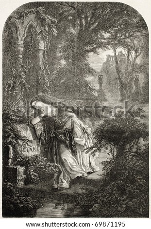Old illustration shows an allegoric representation of melancholy. Original engraving, created by by Ferogio and Dumont, was  published on L'Illustration, Journal Universel, Paris, 1860.