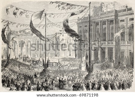 Entrance of King Victor Emmanuel at Palazzo Madama, in Turin, opening Italian Parliament. From drawing of Durand, after sketch of Teja,  published on L'Illustration, Journal Universel, Paris, 1860