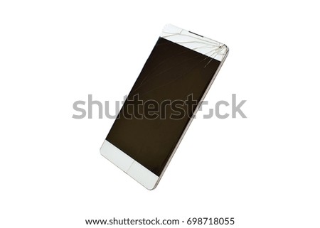 Mobile smartphone with broken screen isolated on white background.
