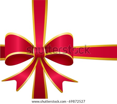 Red gift bow and ribbon with golden stripes isolated on white - raster version