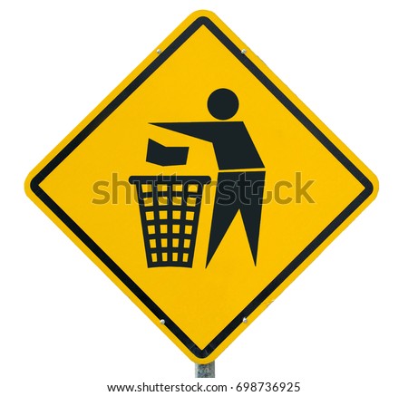 Trash icon sign on yellow label, road signs,Traffic signs isolated on white background