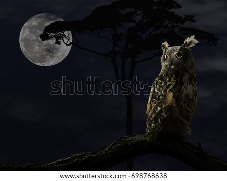 Illustration of the owl with big glowing yellow eyes sitting on a tree branch in the full moon night.