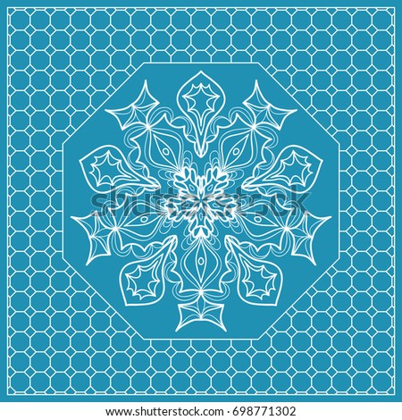 Design print with a Geometric Flower Pattern from Mandala. Vector illustration. Blue color. For Print Bandana, Nashnoy Shawl, Carpet, pillow