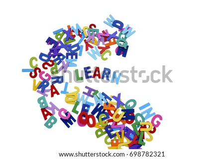 colorful wooden word learn letters isolated over the white background