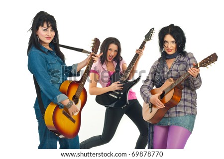 Rock guitarist band women playing guitars isolated on white background