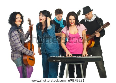 Musicians band playing musical instruments and singing with voice isolated on white background