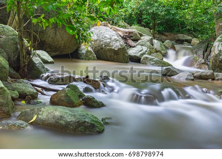 Water flowing over rocks in slow exposure photography, giving a dreamy effect.
