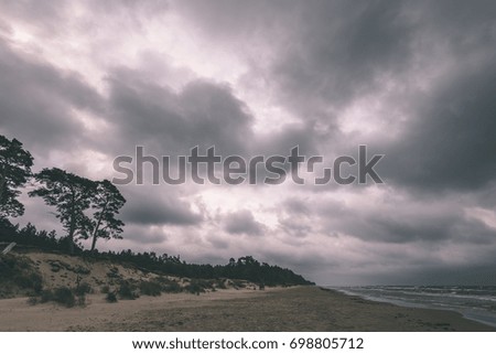 View of a stormy coast beach in the morning with lonely trees. Latvia, Liepaja. sun rays through the dramatic clouds - vintage film look