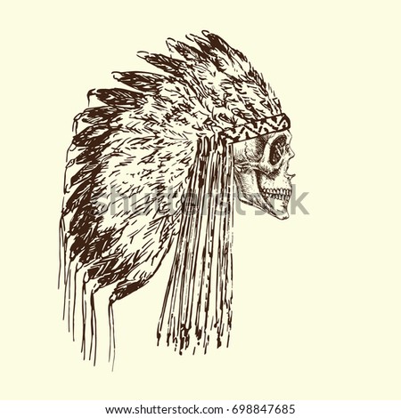 Skull in eagle feather hat of indians, hand drawn doodle, sketch in woodcut style, black and white vector illustration