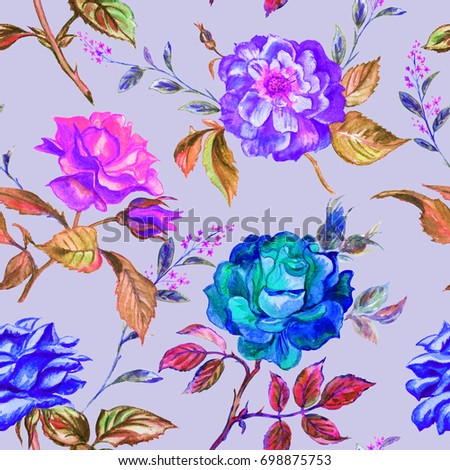 Watercolor seamless pattern of roses and twigs.