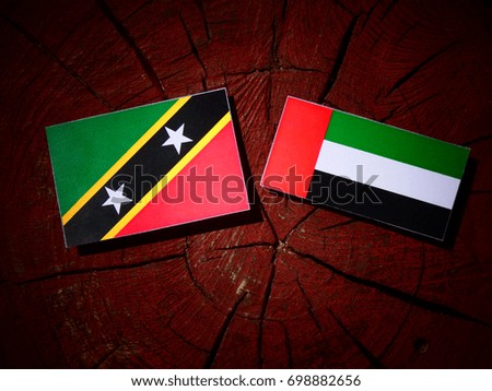 Saint Kitts and Nevis flag with United Arab Emirates flag on a tree stump isolated