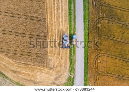 Aerial view Combine Harvester gathers the wheat at sunset. Harvesting grain field, crop season. Beautiful natural aerial landscape. Food industry.