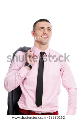 Portrait of a handsome young happy businessman in suit over white background
