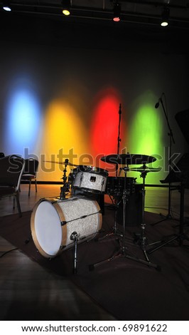 Preparations before a concert under colorful back lights.