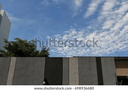 The bright sky behind the concrete fence.