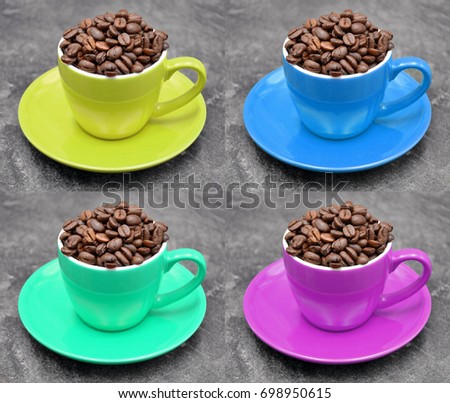coffee beans in coffee cup close up four colors