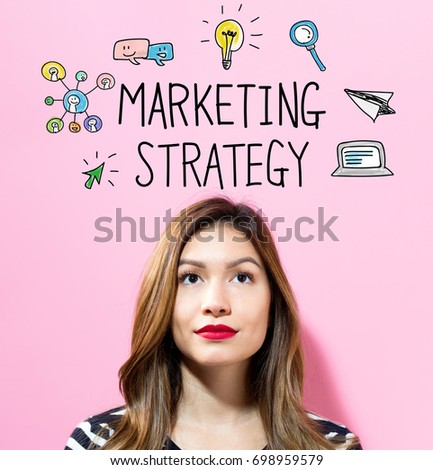 Marketing Strategy text with young woman on a pink background