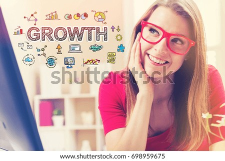 Growth text with young woman in her home office