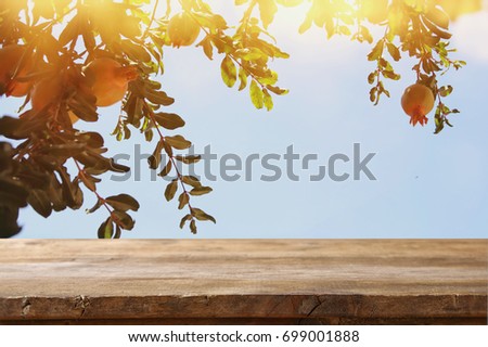 vintage wooden board table in front of dreamy pomegranate tree landscape. retro filtered image