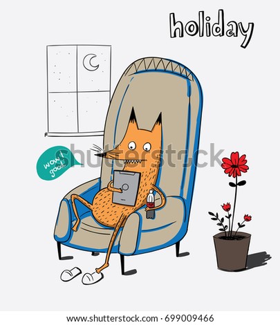 Fox is sitting on the couch and playing mobile in the middle is ready to drink soft drinks.Cartoon animals the cute monster vector character design