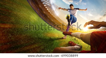 soccer player in action fish eye first view yellow toning Royalty-Free Stock Photo #699038899