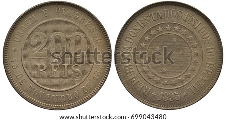 Brazil Brazilian coin 200 two hundred reis 1895, arms, value on grid background, stars surrounded by ring of stars, 