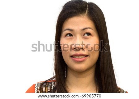Woman looking up against white background