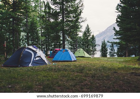 A number of tents standing on a meadow in the woods on a background of lake and mountains. Camping in the pine forest