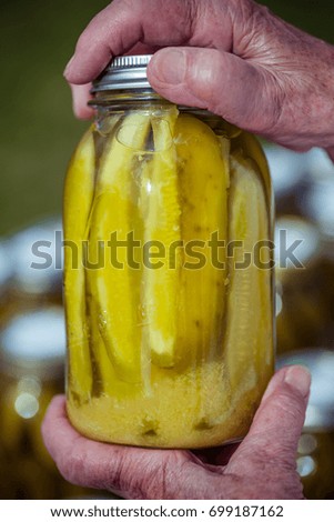 vertical photo of older lady holding jar of pickles. Isolated jar with her hands on top and bottom with soft focus background outdoors at market. 