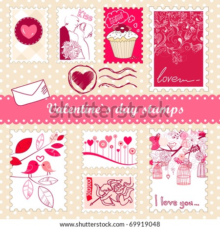 set of valentine`s day stamps