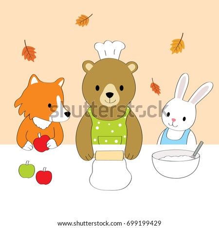 Cartoon cute animals autumn, Bear, Fox, Rabbit cooking funny pie vector.