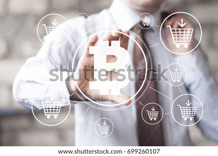 Businessman pressing button bitcoin shopping cart network modern technologies.
