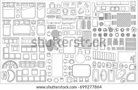 Set of linear icons. Interior top view. Isolated Vector Illustration. Furniture and elements for living room, bedroom, kitchen, bathroom. Floor plan (view from above). Furniture store. Royalty-Free Stock Photo #699277864