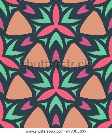 Seamless pattern morrocan ornament. Floral textile print. Islamic vector design. Oriental background with abstract flowers. Hexagonal trefoil swatch. Stained glass vitrage.