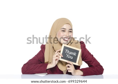 pretty woman with a sign in her hands with the words THANK YOU isolated on white background