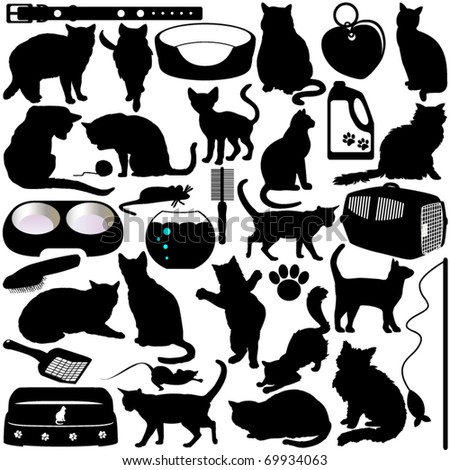 Silhouettes Vector of Cats, Kittens in different actions and pet accessories. A set of cute icon collection isolated on white background