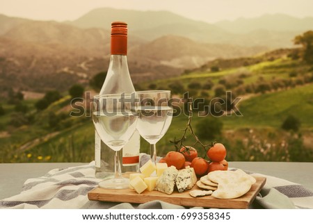 Wine and different appetizers at a picnic in the mountains. Toned picture