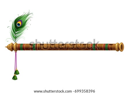 Beautiful wooden carved flute with peacock feather vector illustration Royalty-Free Stock Photo #699358396